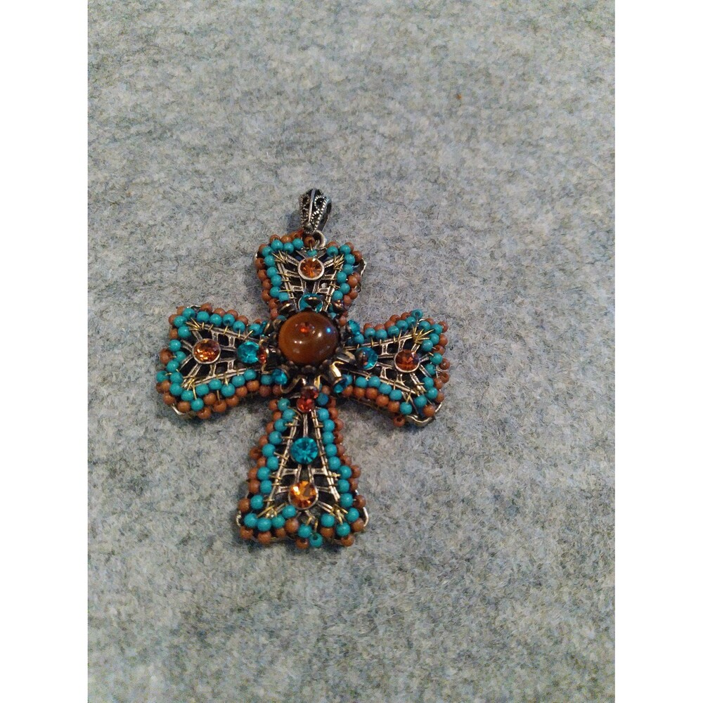 Vintage Turquoise & Brown Beaded Cross Pendant Western Boho Religious Jewelry